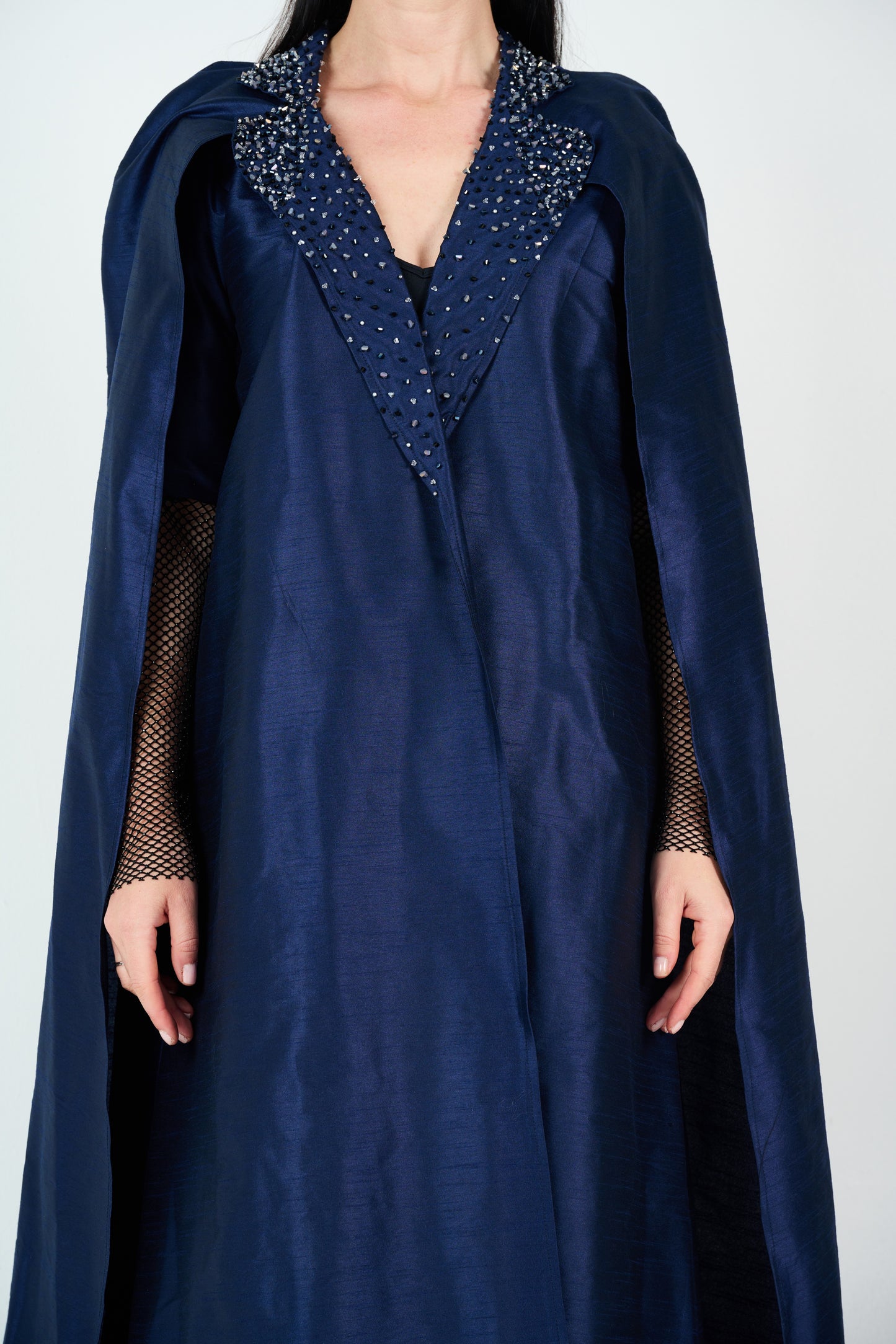 Embellished Coat with net sleeves - Abaya